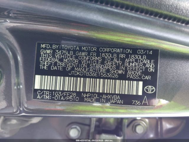 JTDKDTB36E1563626 Toyota Prius C Two