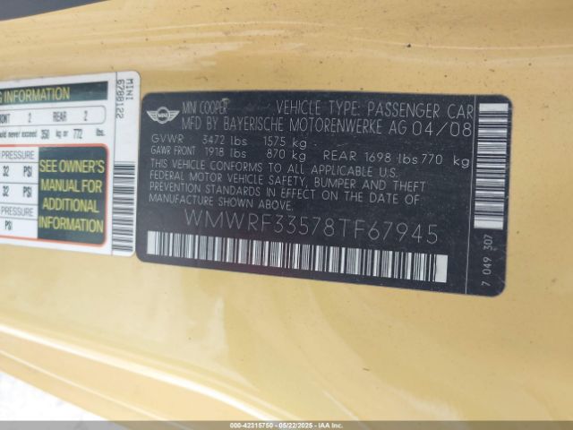 2008 MINI COOPER WMWRF33578TF67945 Photo 8