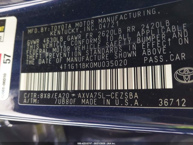2021 TOYOTA CAMRY 4T1G11BK0MU035020 Photo 8