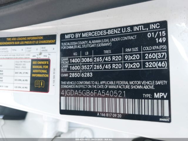 4JGDA5GB6FA540521 Mercedes-Benz 2015