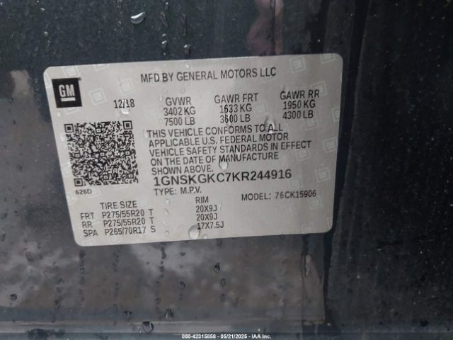 1GNSKGKC7KR244916 Chevrolet Suburban Ls