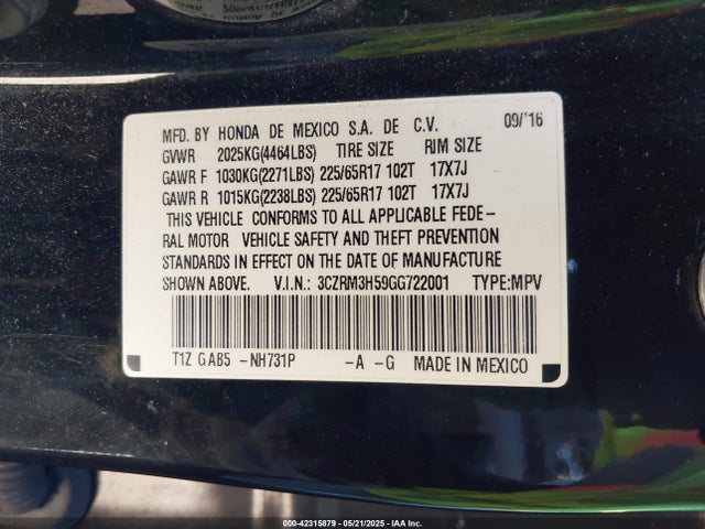 3CZRM3H59GG722001 Honda CR-V EX
