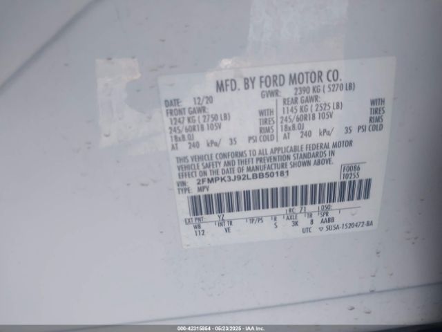 2FMPK3J92LBB50181 Ford 2.0l gtdi w/premium fuel