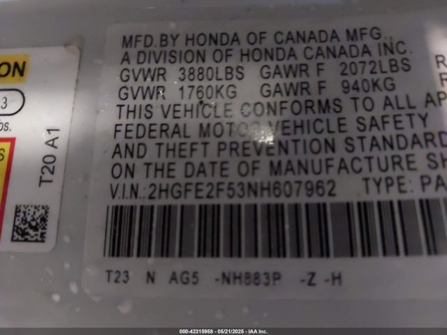 2HGFE2F53NH607962 Honda k20c2
