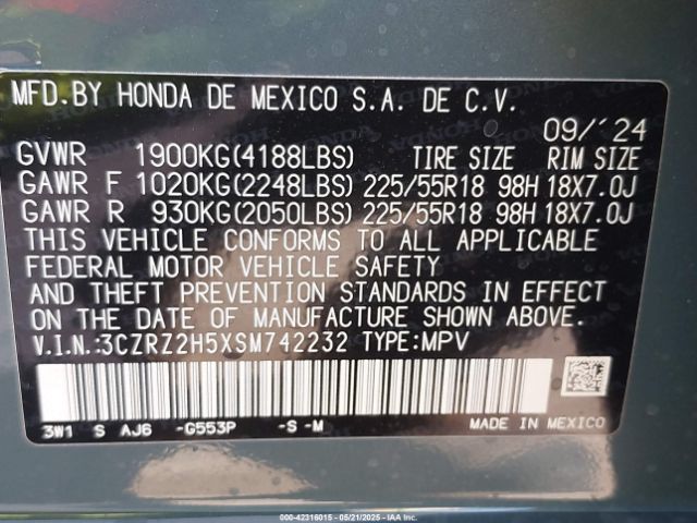 3CZRZ2H5XSM742232 Honda Hr-v Awd Sport