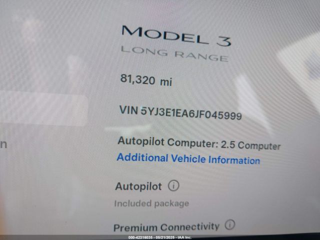 5YJ3E1EA6JF045999 Tesla Model 3 Long Range/mid Range