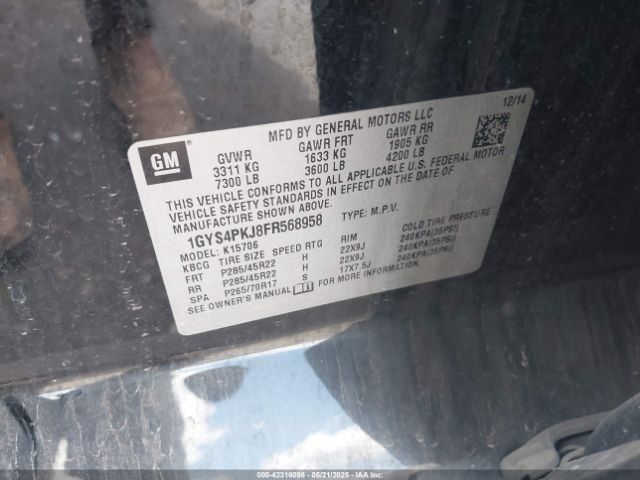 1GYS4PKJ8FR568958 Cadillac l86 - vvt, afm, e85 max, aluminum