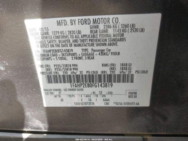 1FAHP2E80FG143819 Ford TAURUS SEL