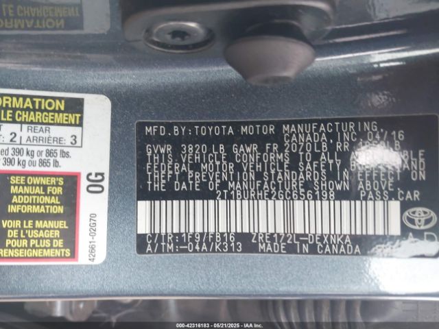 2T1BURHE2GC656198 Toyota COROLLA LE