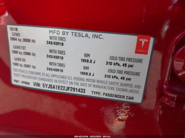 5YJSA1E22JF291433 Tesla Model S 100d/75d/p100d