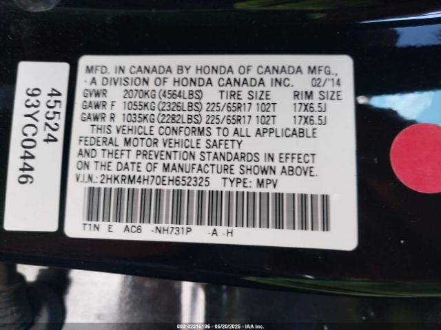 2HKRM4H70EH652325 Honda Cr-v Ex-l