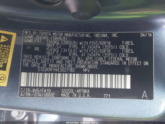 5TDZKRFH4ES021182 Toyota Highlander Le Plus V6