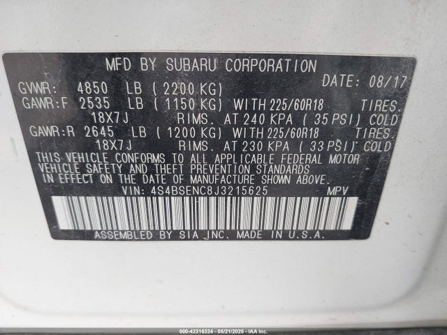 4S4BSENC8J3215625 Subaru u4