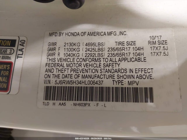 5J6RW5H34HL006437 Honda CR-V LX
