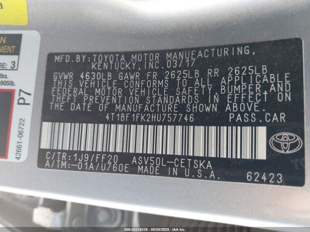 4T1BF1FK2HU757746 Toyota 2ar-fe