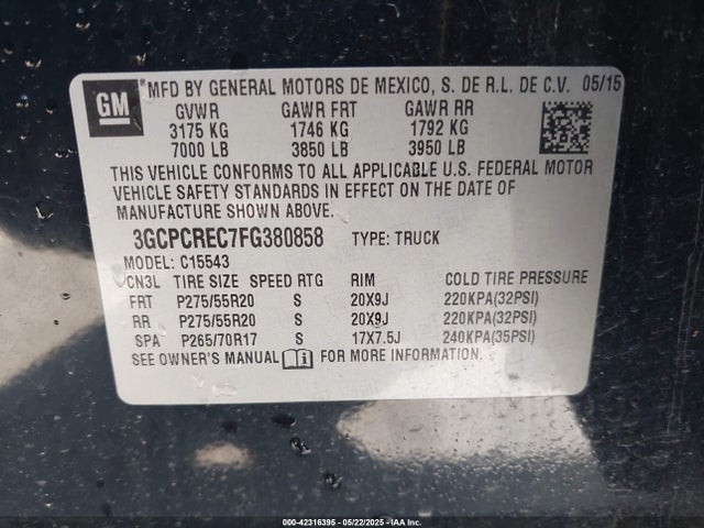 3GCPCREC7FG380858 Chevrolet l83 - vvt, active fuel management, aluminum