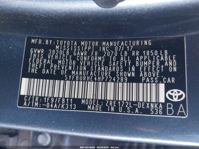 5YFBURHE4HP724289 Toyota 2zr-fe