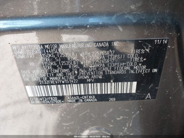 2T3ZFREV7FW151422 Toyota RAV4 LE