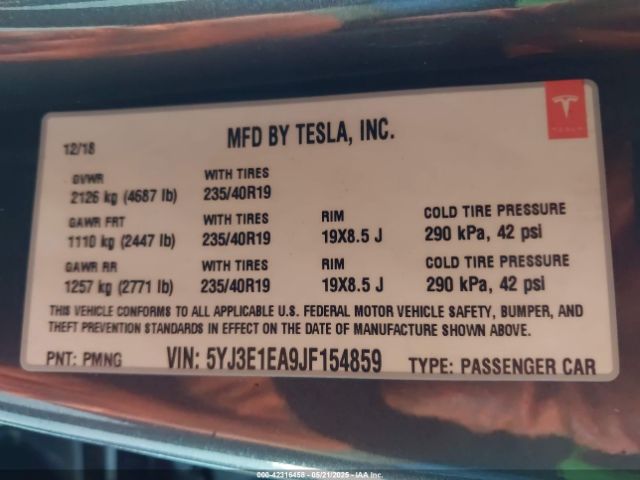 5YJ3E1EA9JF154859 Tesla MODEL 3
