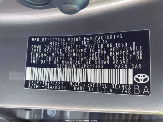 5YFBURHE1JP815493 Toyota Corolla Xle