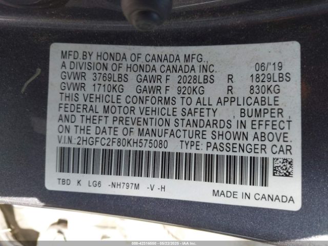 2HGFC2F80KH575080 Honda Civic Sport