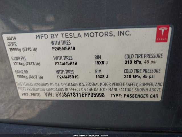 2014 TESLA MODEL S 5YJSA1S11EFP35998 Photo 8