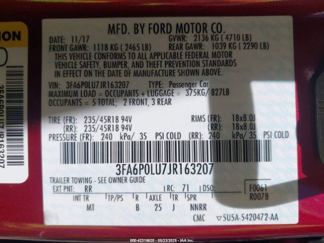 3FA6P0LU7JR163207 Ford Fusion Hybrid Se
