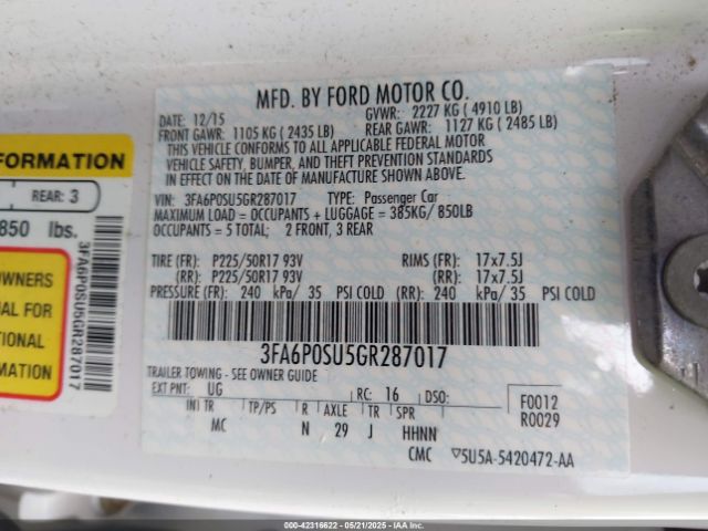 3FA6P0SU5GR287017 Ford Fusion Energi Titanium