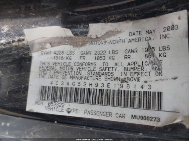 2003 CHRYSLER SEBRING 4C3AG52H93E196143 Photo 8
