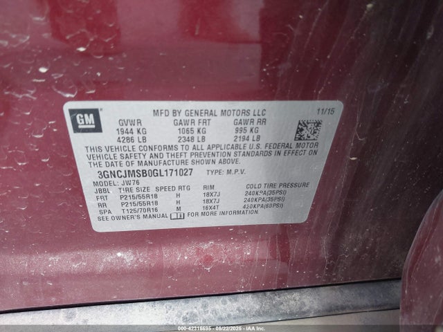 Chevrolet luv - mfi, vvt, alum, gme e85 max 2016 3GNCJMSB0GL171027 Image 9
