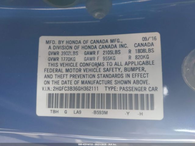 2HGFC3B36GH362111 Honda Civic Ex-t