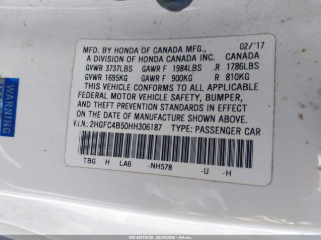 2HGFC4B50HH306187 Honda Civic Lx