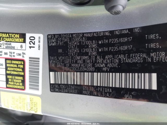 5TDYZ3DC2JS940989 Toyota Sienna Xle 8 Passenger