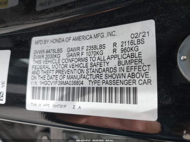 1HGCV1F39MA038804 Honda l15be