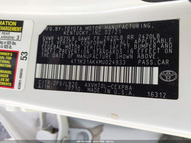 2021 TOYOTA CAMRY 4T1K31AK4MU024933 Photo 8