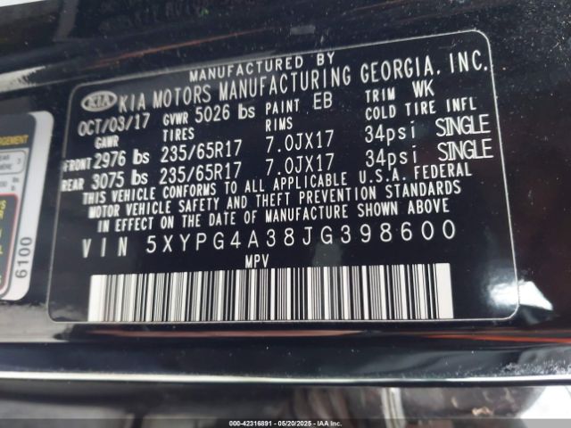 5XYPG4A38JG398600 KIA Sorento 2.4l Lx