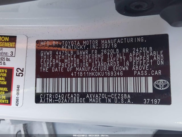 4T1B11HK0KU169346 Toyota a25a-fks