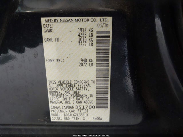 1N4AL3AP0GN351700 Nissan Altima 2.5/2.5 S/2.5 Sl/2.5 Sr/2.5 Sv