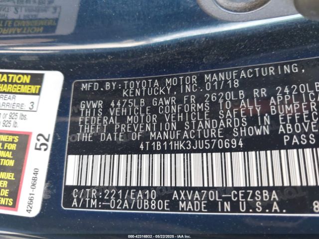4T1B11HK3JU570694 Toyota CAMRY SE