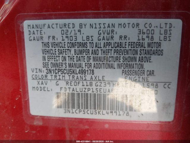 3N1CP5CU5KL499178 Nissan KICKS SR