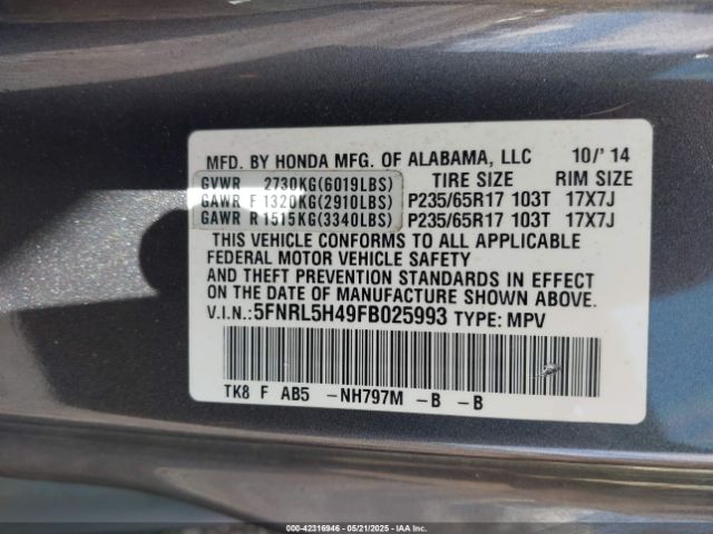 5FNRL5H49FB025993 Honda ODYSSEY EX