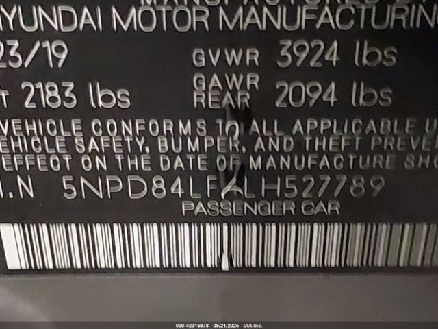 5NPD84LF6LH527789 Hyundai Elantra Value Edition