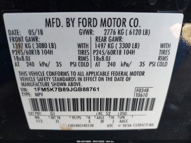 1FM5K7B89JGB88761 Ford Explorer