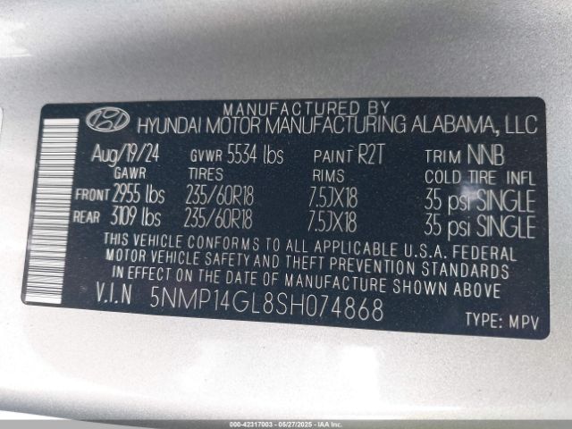 5NMP14GL8SH074868 Hyundai Santa Fe Se