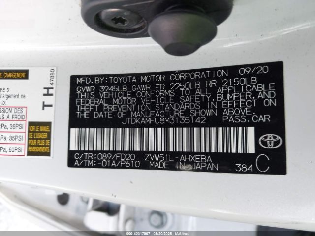 JTDKAMFU8M3135142 Toyota 2zr-fxe,1nm