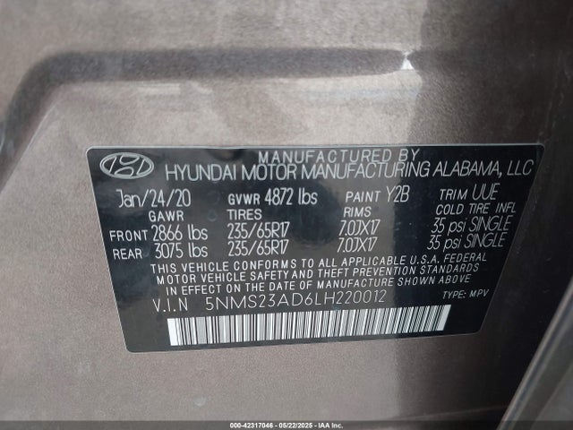 5NMS23AD6LH220012 Hyundai gdi theta ii