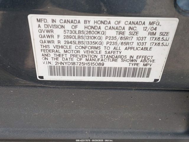 2005 ACURA MDX 2HNYD18725H515089 Photo 8