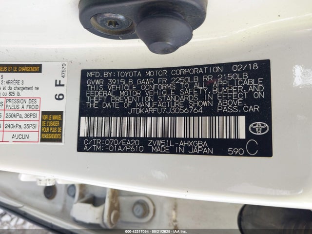 JTDKARFU7J3056764 Toyota 2zr-fxe,1nm