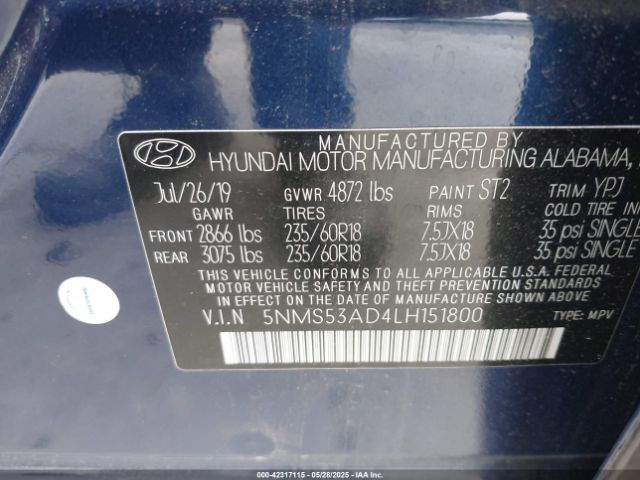 5NMS53AD4LH151800 Hyundai Santa Fe Limited