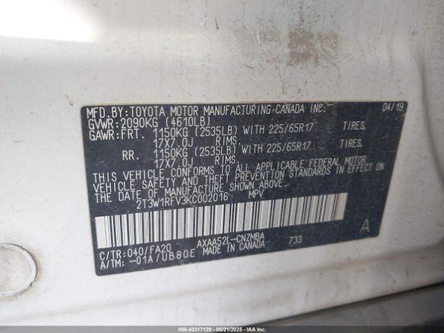 2T3W1RFV3KC002016 Toyota Rav4 Xle